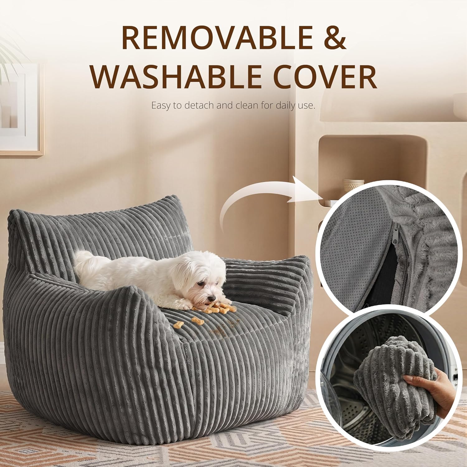 Bean-Bag Chair for Adults Teens - Large Corduroy Bean Bag Chairs with Back Support and Armrests, Adult BeanBag Lazy Sofa with Filler for Living Room, Bedroom, Reading, Grey