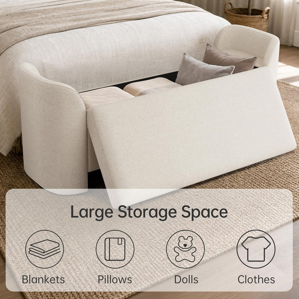 Usaint 58.3" Storage Ottoman Bench with Pillows, Upholstered End of Bed Bench with Arms, Footrest Stool Bench for Bedroom, Living, Window, Entryway and Hallway, Beige