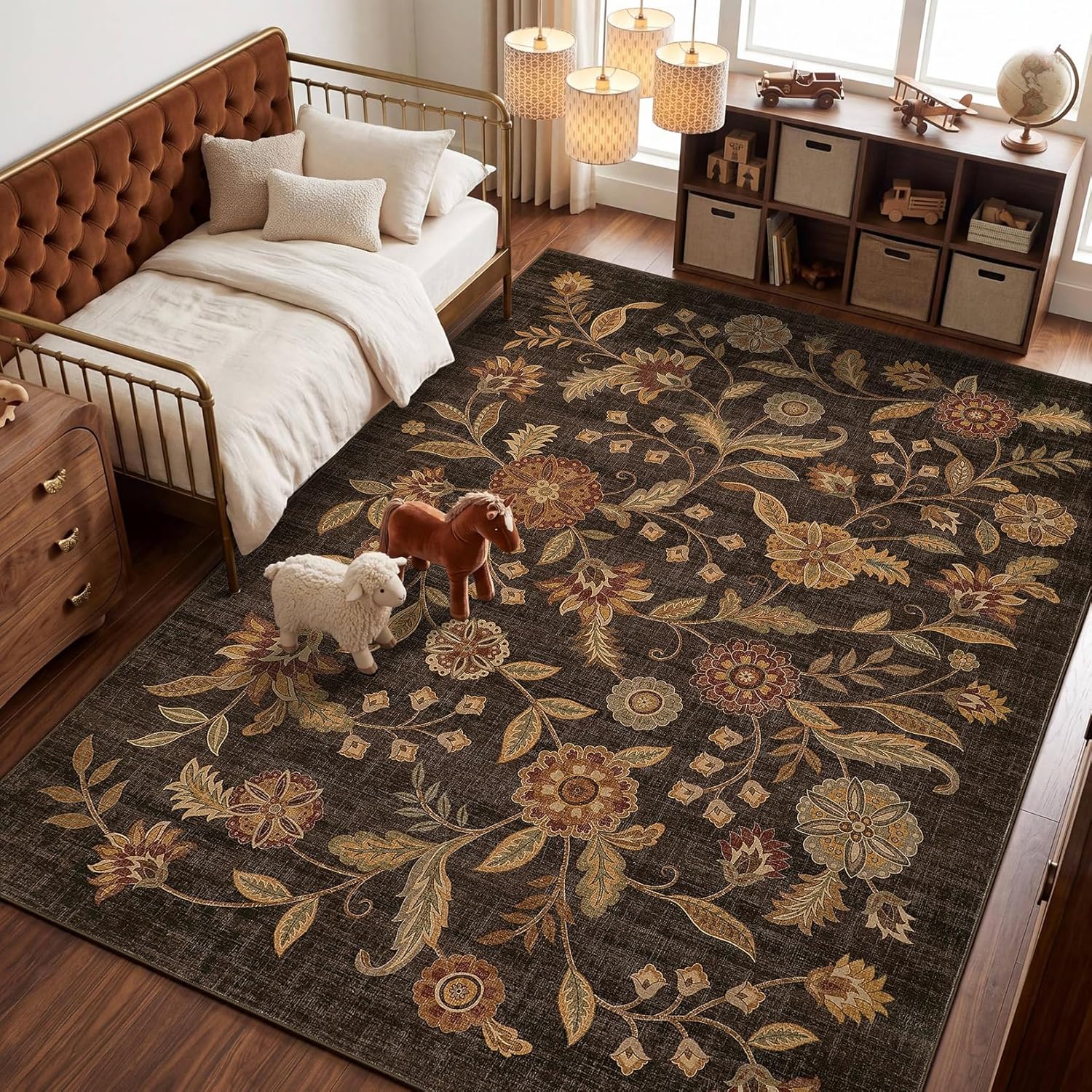 Garvee Washable 5x7 Area Rugs Boho Vintage Floral Botanical Fall Soft Non-Slip Low-Pile Stain Resistant Throw Rugs for Bedroom Living Room Nursery Office Kitchen Room Decor Dark Brown
