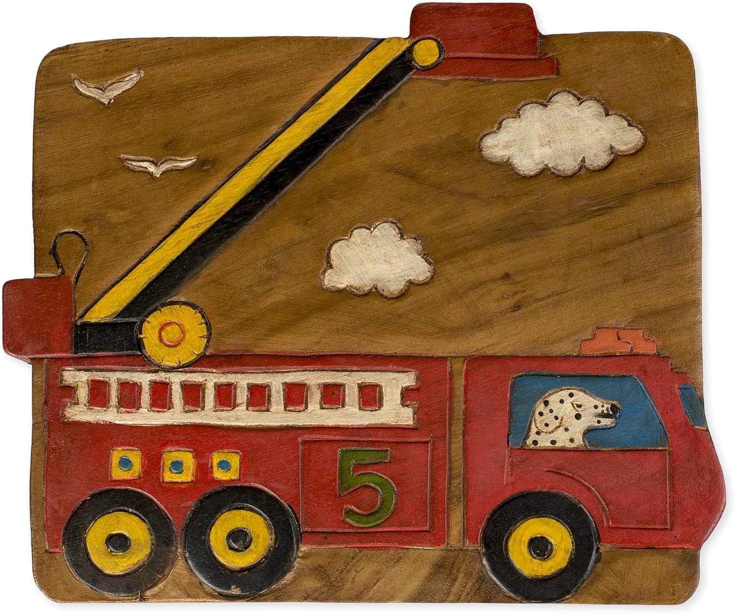 Sea Island Imports Red Fire Truck Design Hand Carved Acacia Hardwood Decorative Short Stool
