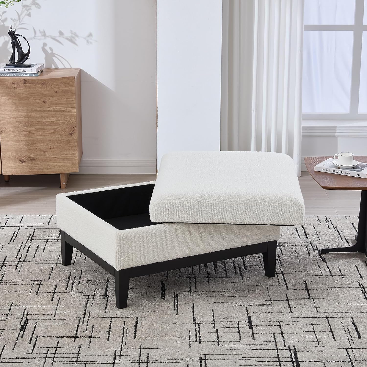 Setawix 33.86" Large Storage Ottomans for Living Room,Boucle Upholstered Ottoman Coffee Table with Tray,Mid Century Modern Ottoman Seat with Storage Footrest for Bedroom (Ivory+Black Legs)