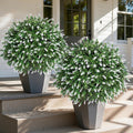 HyeFlora 26'' Artificial Topiary Boxwood Ball Trees with Lavender 2 Pack Fake Plants for Outdoor Indoor Artificial Shrubs with Ground Spike UV Resistant Fake Bushes for Front Porch Garden (White)