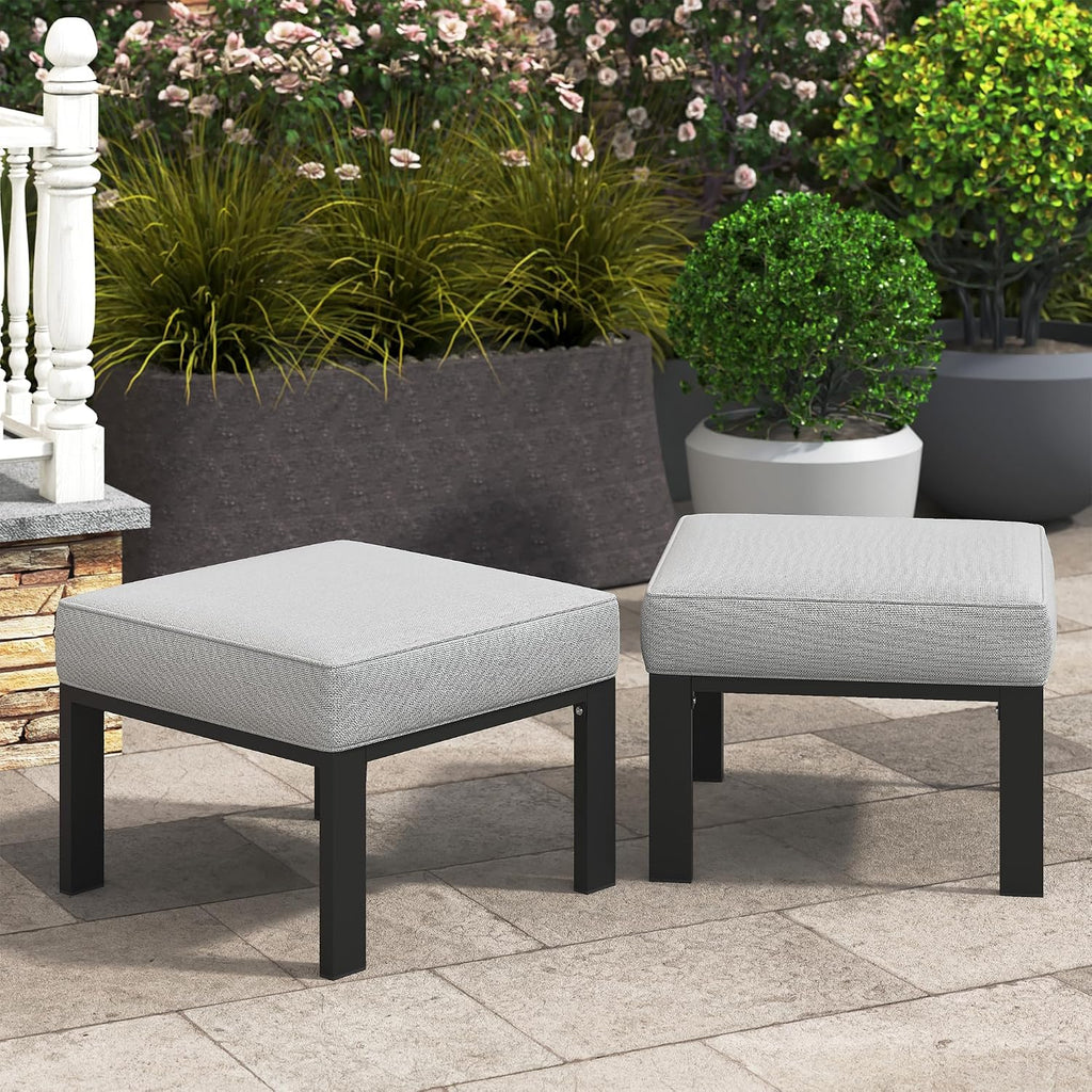 Wisteria Lane Patio Furniture Footstools Metal Ottomans Set of 2, Metal Outdoor Ottomans with Upgraded Cushions, All-Weather Outdoor Footrest Seat for Balcony, Garden, Deck, Backyard, Black