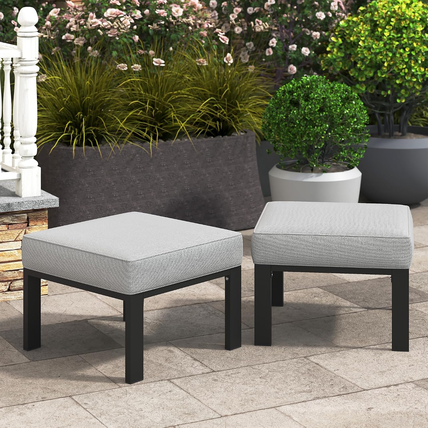 Wisteria Lane Patio Furniture Footstools Metal Ottomans Set of 2, Metal Outdoor Ottomans with Upgraded Cushions, All-Weather Outdoor Footrest Seat for Balcony, Garden, Deck, Backyard, Black