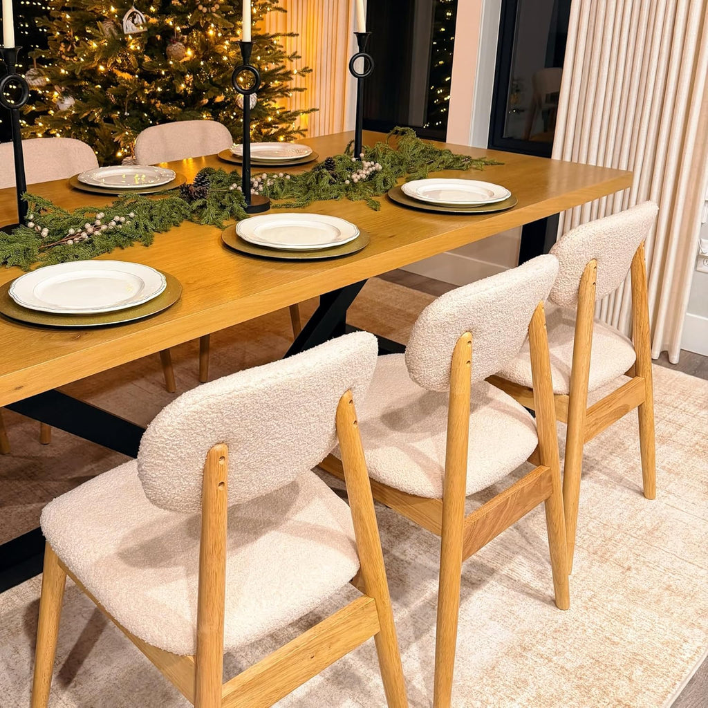 Wooden Dining Chairs Set of 4, Farmhouse Boucle Upholstered Kitchen Chairs, White