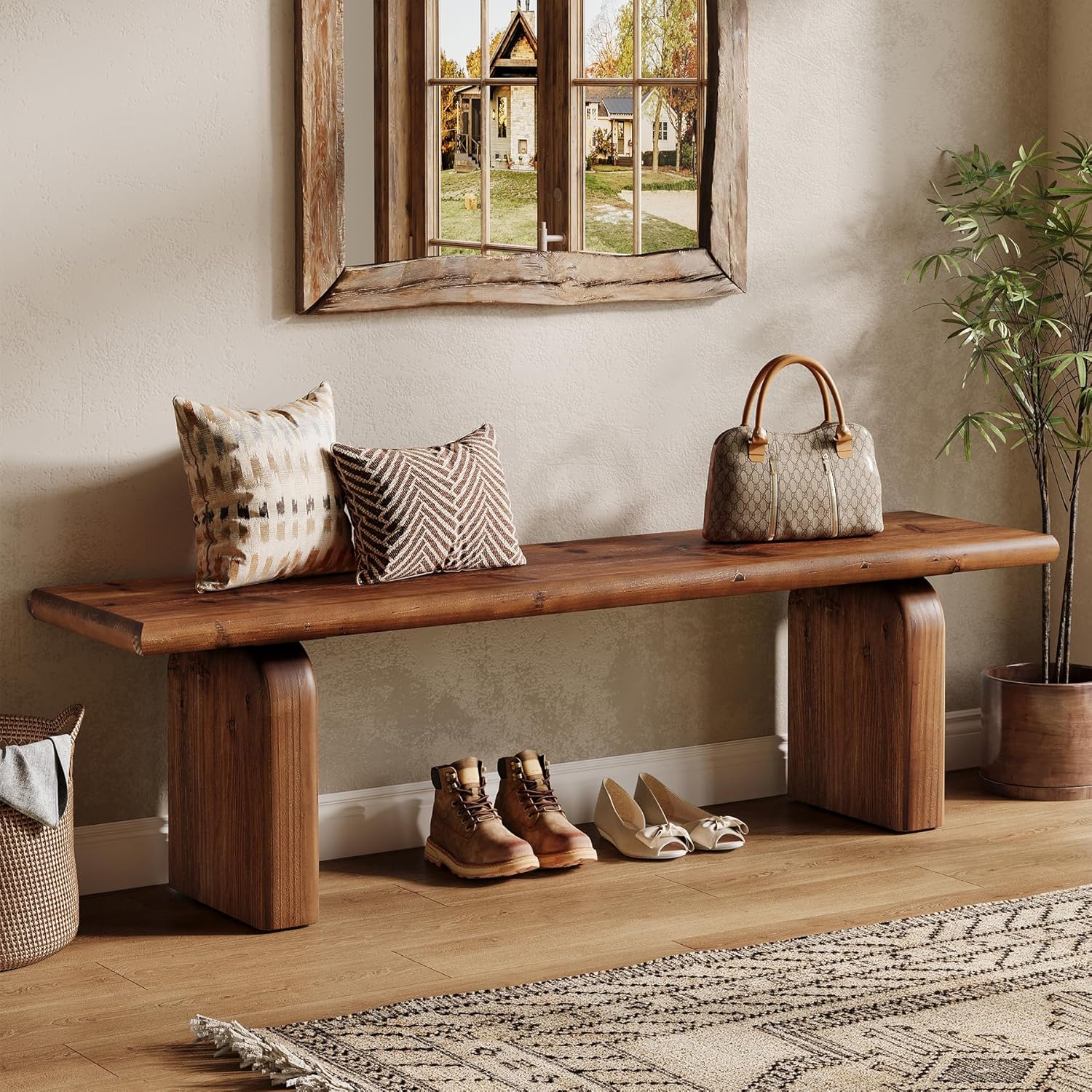 62.99-Inch Solid Wood Entryway Bench, Farmhouse Indoor Wooden End of Bed Bench for Entryway, Hallway, Bedroom, Dining Room, Living Room, Easy Assembly, Rustic Brown