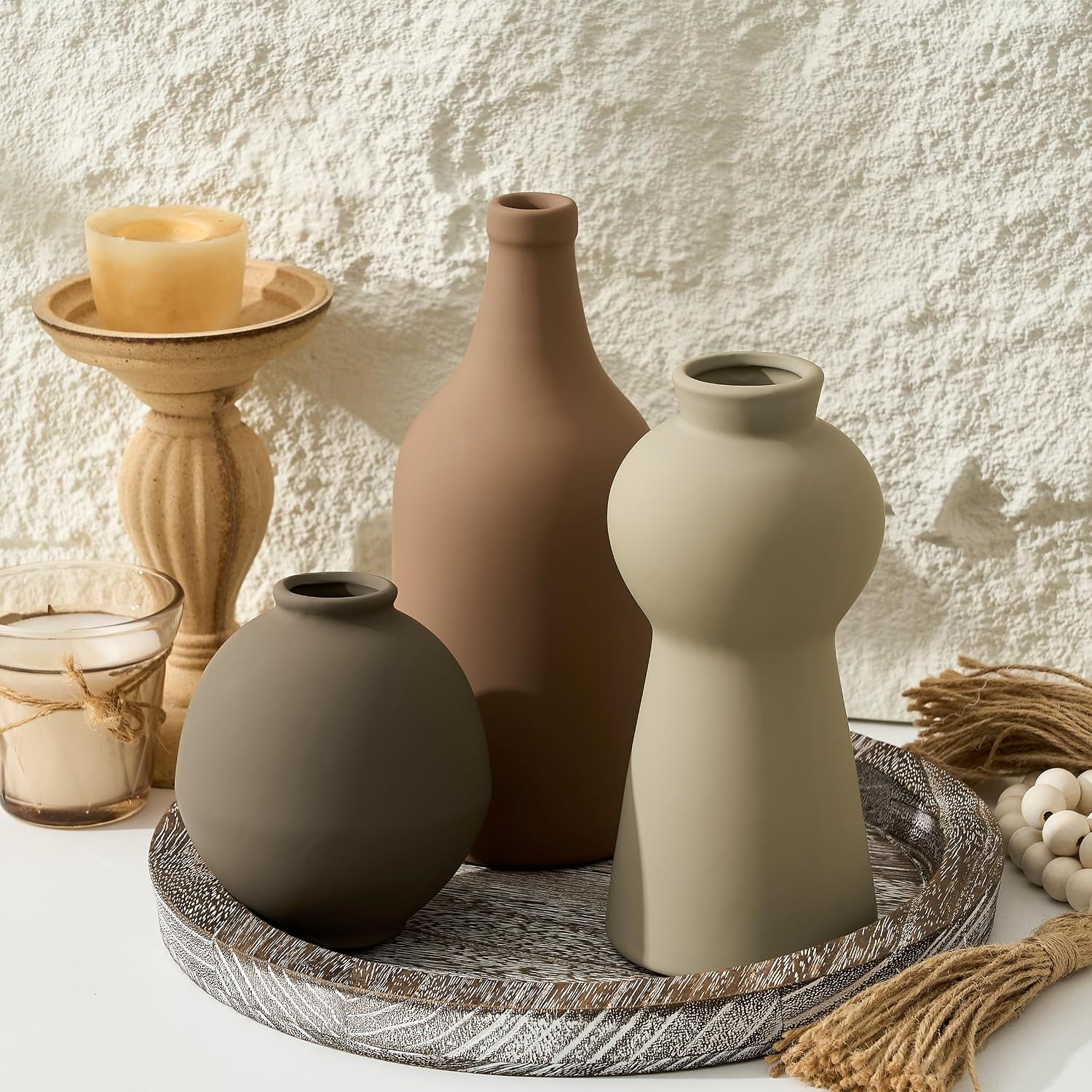 Ceramic Vase Set of 3, Nordic Minimalist Multicolor Vases Home Decor, Rustic Farmhouse Decor Pottery Vases for Bouquet Pampas Grass Dried Fresh Flowers, Living Room, Entryway Mantel, Kitchen, Bedroom