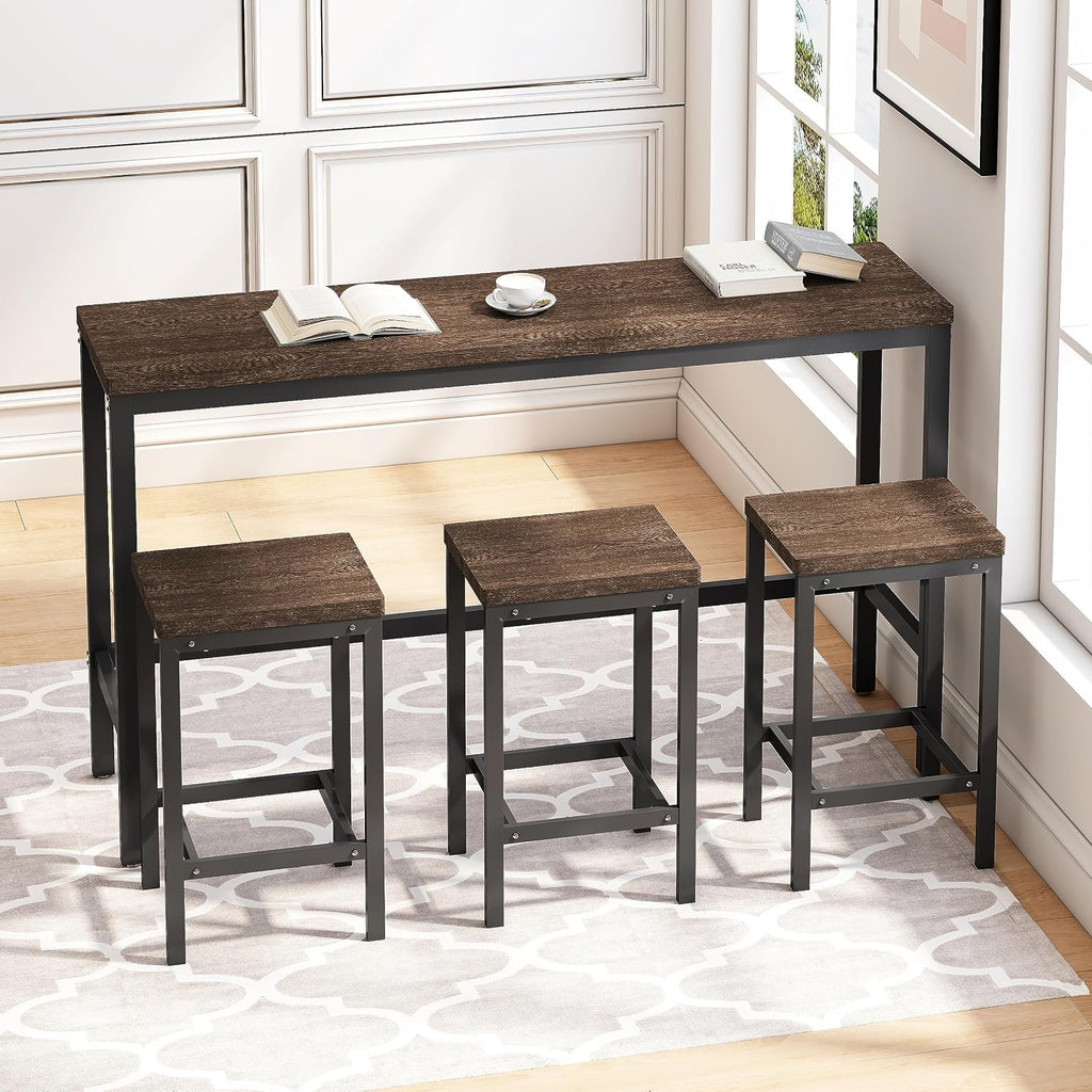 Harper & Bright Designs 4-Piece Dining Set with Long Table & 3 Stools, Space-Saving Design, for Kitchen/Living Room, Dark Brown