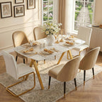 Modern Rectangular Tempered Glass Dining Table for 6, Marble Patterned Glass Top with Metal Legs, Glass Dining Table for Kitchen Living Room (White, Support Legs)