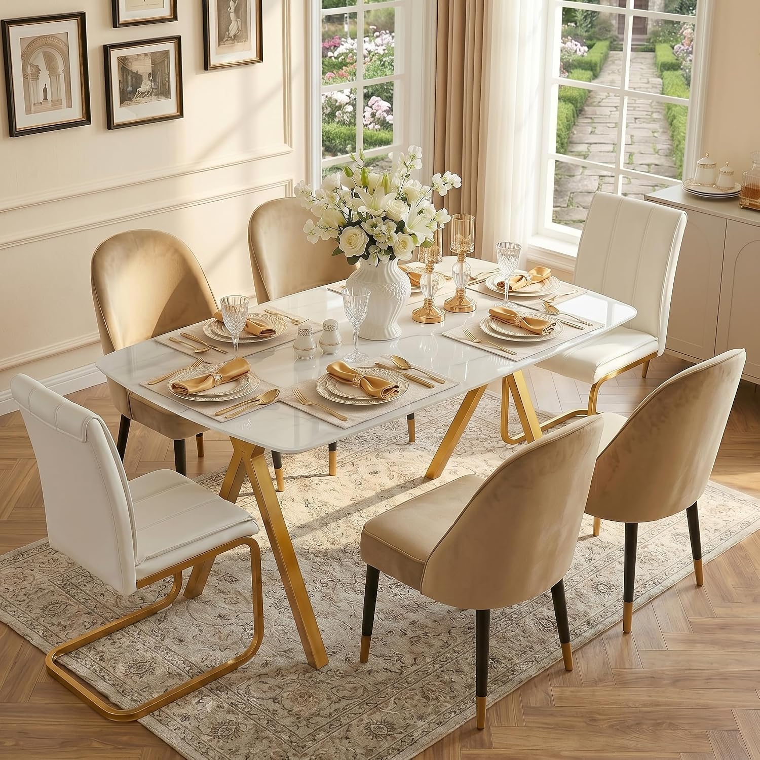 Modern Rectangular Tempered Glass Dining Table for 6, Marble Patterned Glass Top with Metal Legs, Glass Dining Table for Kitchen Living Room (White, Support Legs)