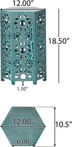 Eliana 12" Hexagonal Metal Side Table, Teal Crackle Finish Boho Accent Table with Cutout Floral Design, Sturdy Iron End Table for Living Room Bedroom Patio Decor