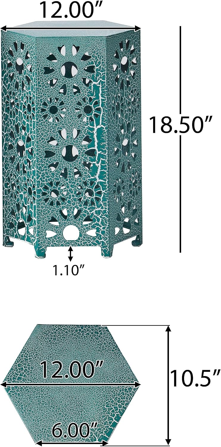 Eliana 12" Hexagonal Metal Side Table, Teal Crackle Finish Boho Accent Table with Cutout Floral Design, Sturdy Iron End Table for Living Room Bedroom Patio Decor