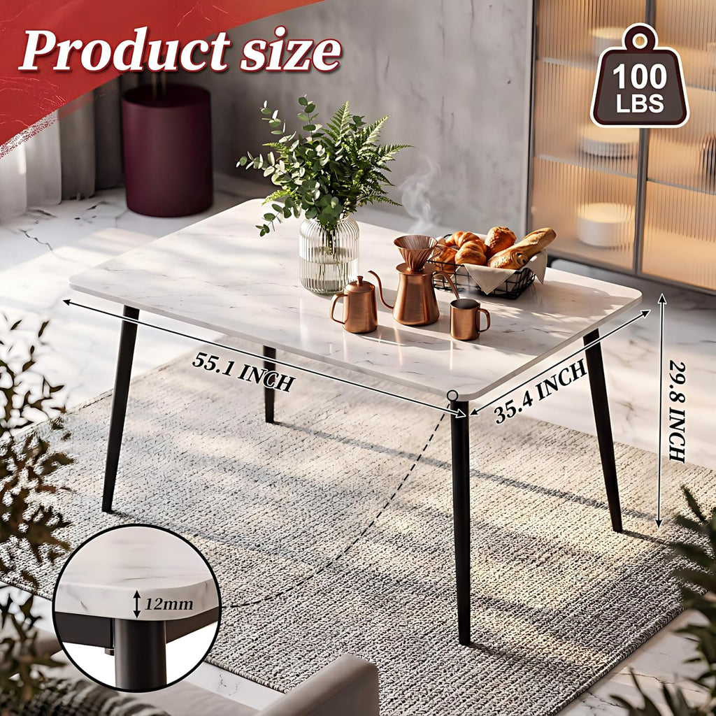 55 Inch Sintered Stone Dining Table for 4-6, White Faux Marble Rectangular Kitchen Table with Metal Legs, Scratch Heat Stain Resistant for Dining Room