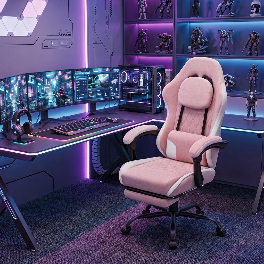 Gaming Chair for Adults, Fabric Gaming Chair with Footrest and Pocket Spring Cushion, Ergonomic Gamer Chair with Lumbar Support, Reclining Computer Gaming Chair with High Back, Pink
