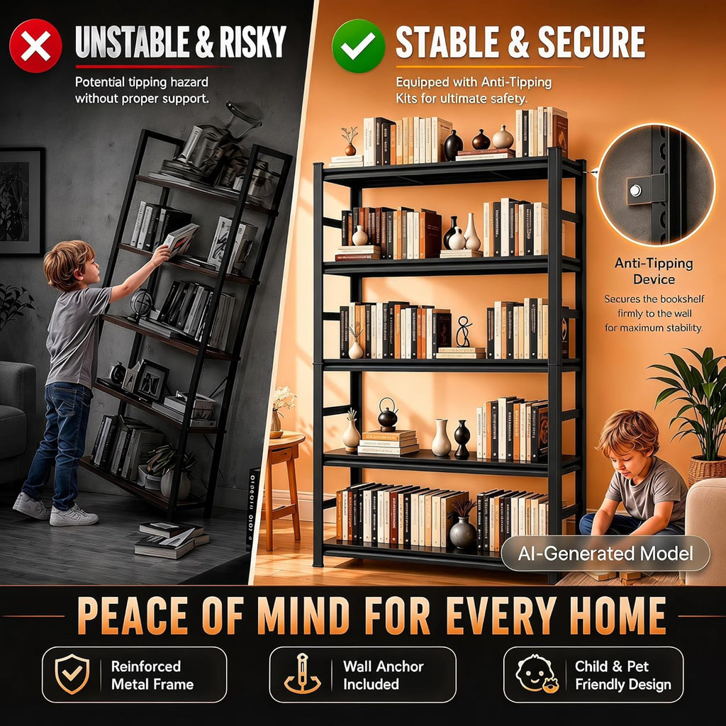 Bolt-Free 5 Tier Metal Bookshelf, 71"H Adjustable Tall Bookcase with Anti-Drop Fence, 1500LBS Heavy Duty Deep Book Shelf, Large Office Bookshelf, Modern Storage Shelves for Bedroom, LivingRoom, Garage
