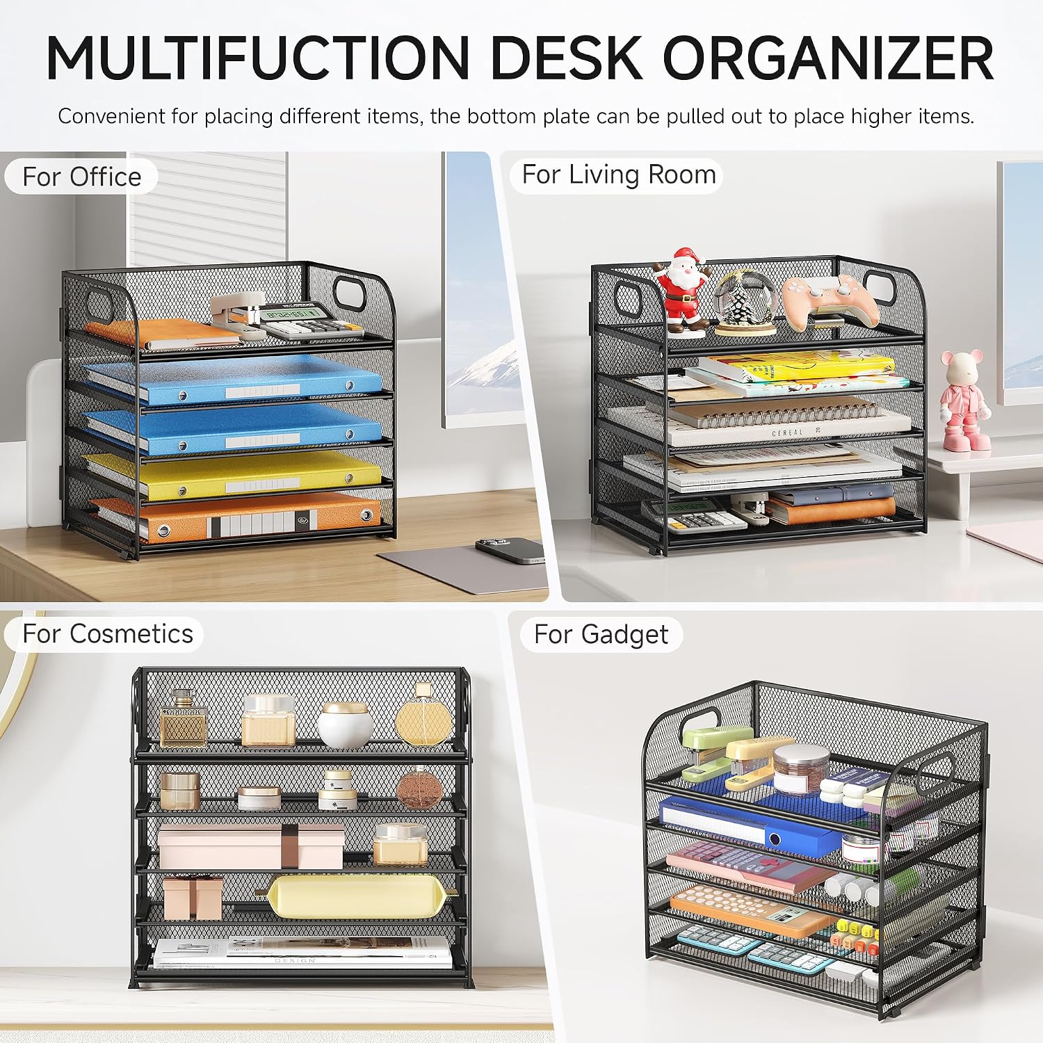 2 Pack 5-Tier Paper Organizer Letter Tray with Handle - Black Mesh Desk Paper Sorter File Organizer for Office, Home or School File Folder Holder