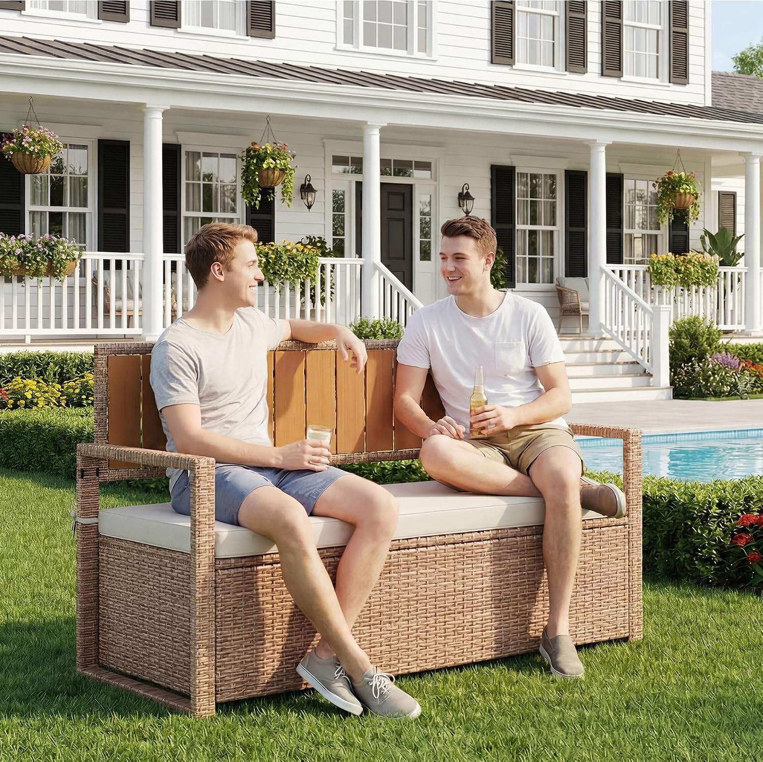 Outdoor Storage Bench with Cushion, 2-Person All-Weather PE Rattan Patio Bench with Backrest & Armrests, Waterproof Wicker Deck Box Seat for Garden, Porch, Poolside & Backyard, Metal Frame，Yellow