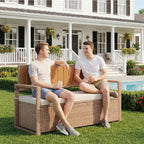 75 Gallon Outdoor Storage Bench, 2-Seater PE Rattan Deck Box with Cushion & Backrest, Waterproof Patio Seat with Acacia Wood Armrests & Metal Frame for Porch, Backyard, Garden, Poolside