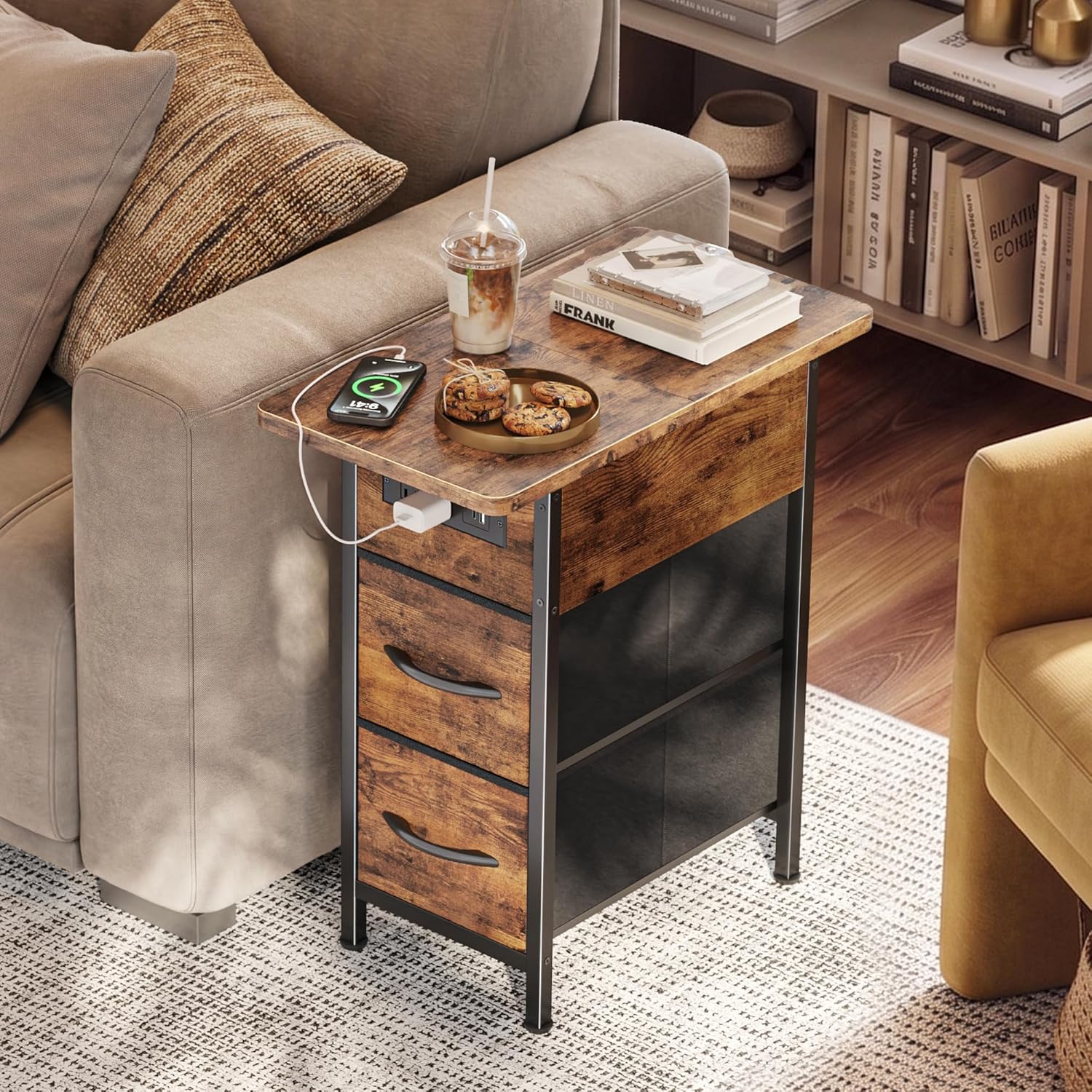 Huuger Narrow End Table with Charging Station, Flip Top Side Table with 2 Fabric Drawers, Slim Night Stand with USB-C Port for Small Spaces, Nightstand Bedside Couch Table, Living Room, Rustic Brown