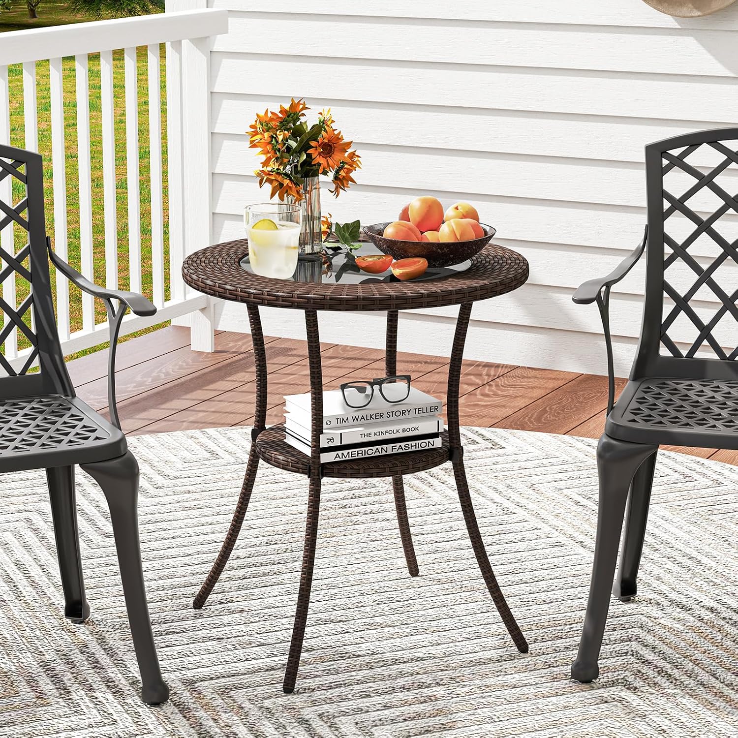 Tangkula 25.5" Wicker Patio Dining Table, Outdoor Round Bistro Side Table with Tempered Glass Top and Storage Shelf, for Balcony, Garden and Backyard