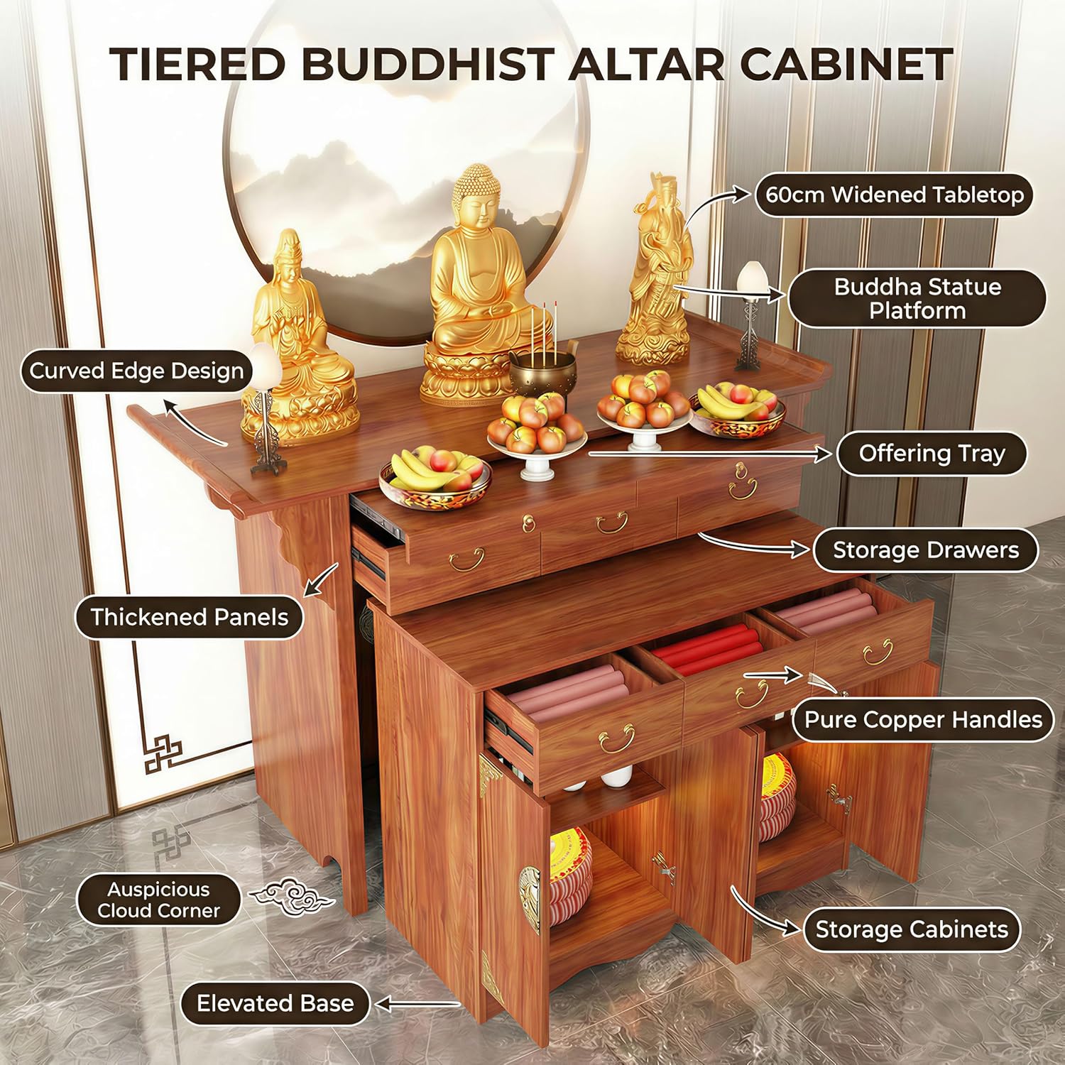 Multi-Tier Personal Shrine Altar Table with Drawer Storage, Large Wooden Buddhist Shrine Cabinet with Pull-Out Shelf, Detachable Meditation Table (Sandalwood, 84.6" L * 26.8" W * 42.5" H in)