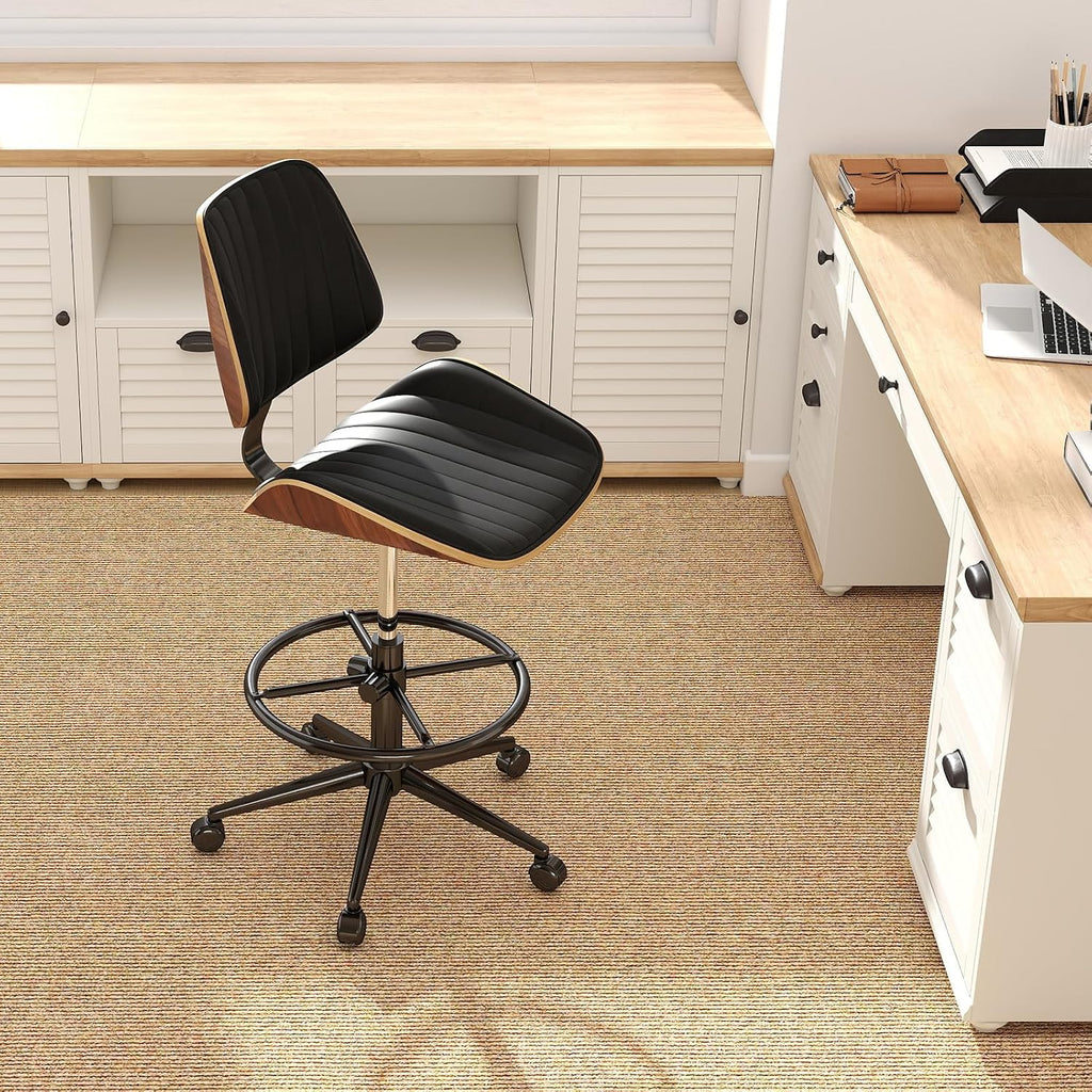 Drafting Home Office Chair, Swivel Desk Chair with Bend Wood Backrest, Ergonomic Office Chairs with Adjustable Height and Footrest Ring for Bar Lab Counter Height Desk and Drawing (Blcak)