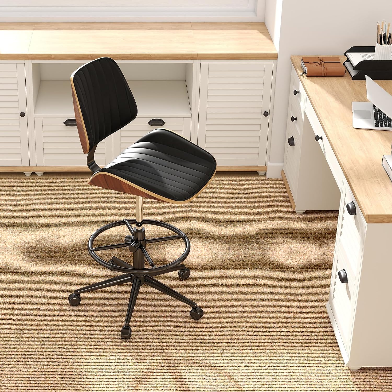 Drafting Home Office Chair, Swivel Desk Chair with Bend Wood Backrest, Ergonomic Office Chairs with Adjustable Height and Footrest Ring for Bar Lab Counter Height Desk and Drawing (Blcak)