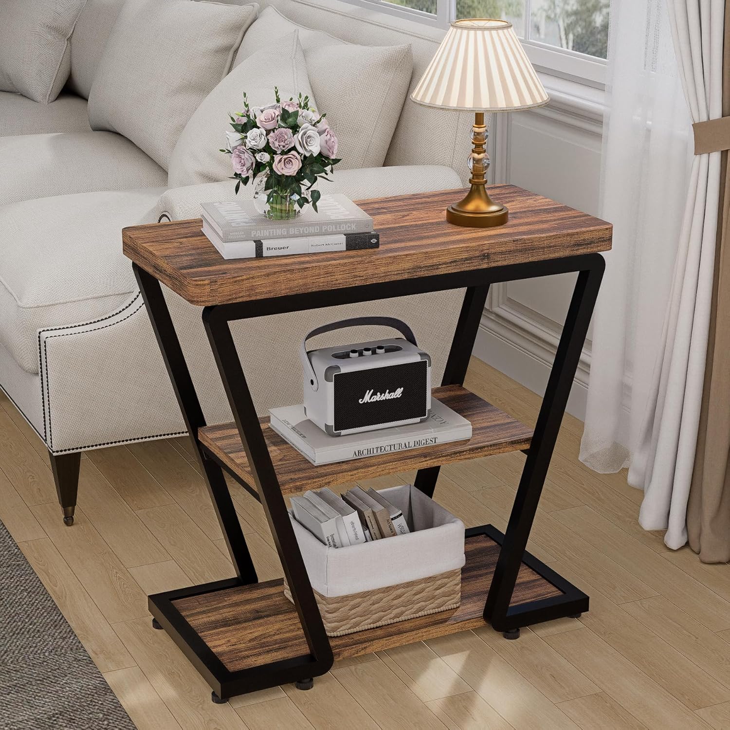 Narrow End Table for Small Spaces, 3-Tier Sofa Side Table with Storage Shelf, Wood and Metal Nightstand for Living Room Bedroom, Rustic Brown