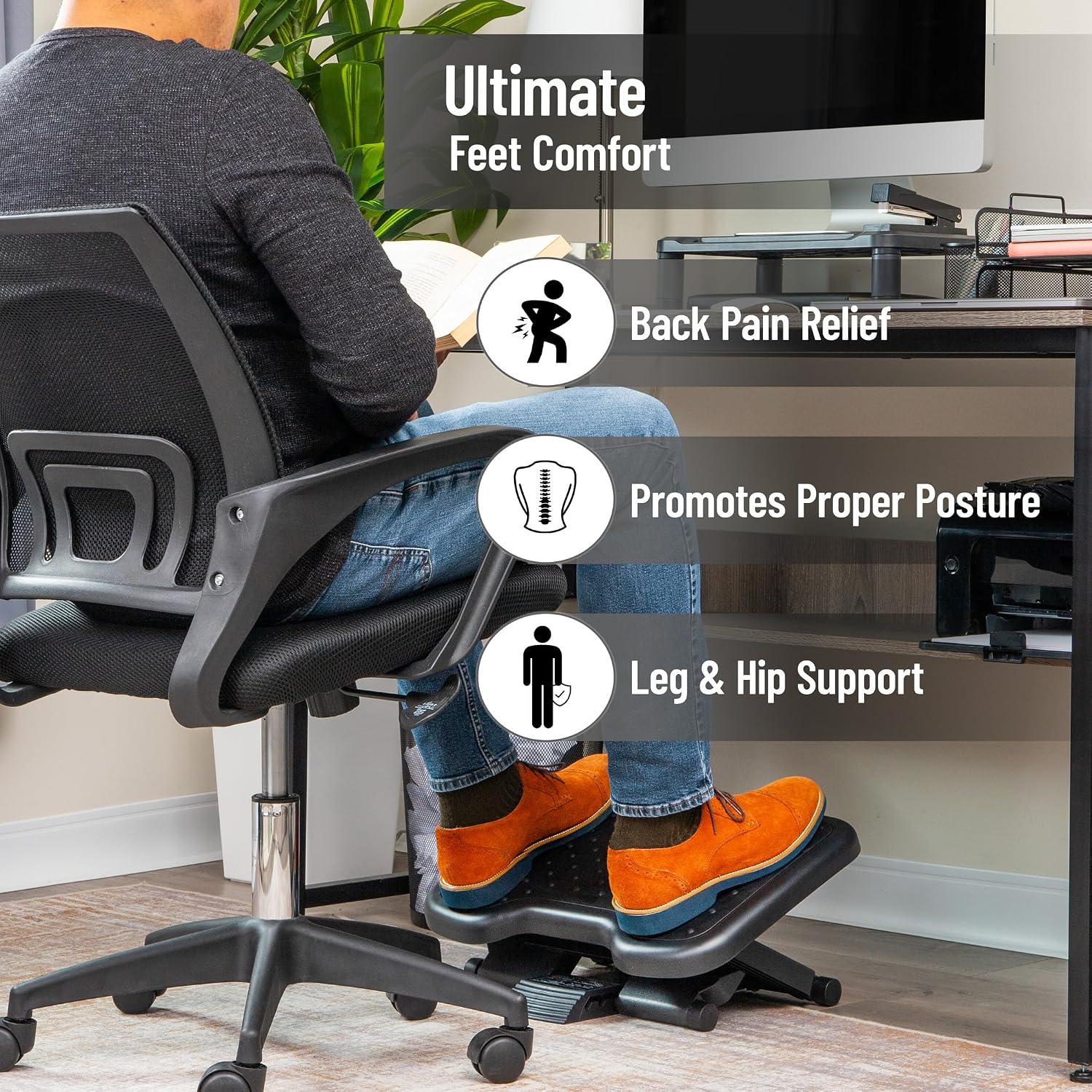 Mind Reader Adjustable Foot Rest with Elastomer Pad for Comfort and Support, Ergonomic Foot Platform, Height Adjustable, Black