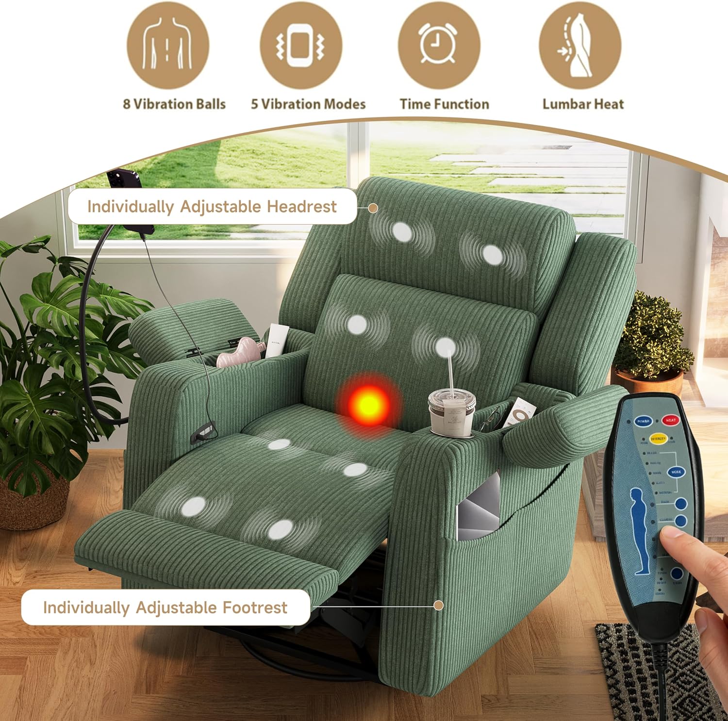 ERYE Power Reclining Chair Corduroy Upholstered Nursery Armchair,Glider Rocker Swivel Recliner W/Vibration Heat,USB-C Ports,Cupholder,Hidden Storage & Adjustable Headrest