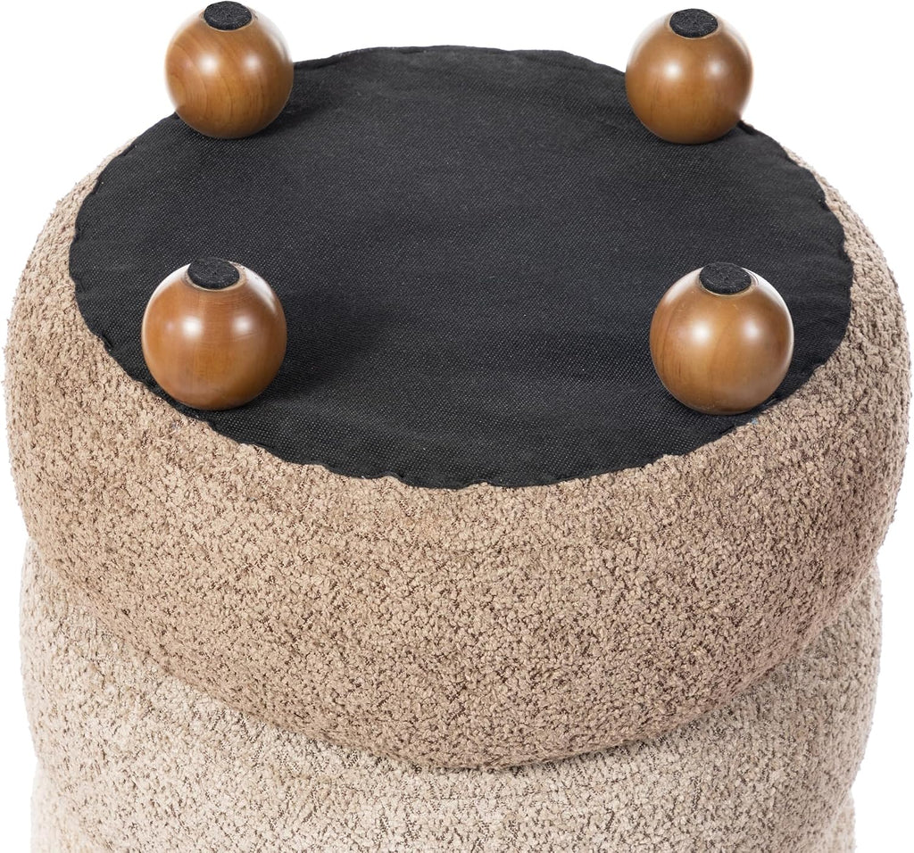 Glitzhome Round Ottoman with Storage, Small Foot Stool, Modern Accent Stool Upholstered Vanity Stool with Rubberwood Ball Feet for Bedroom Living Room Dorm Room, Gradient Brown