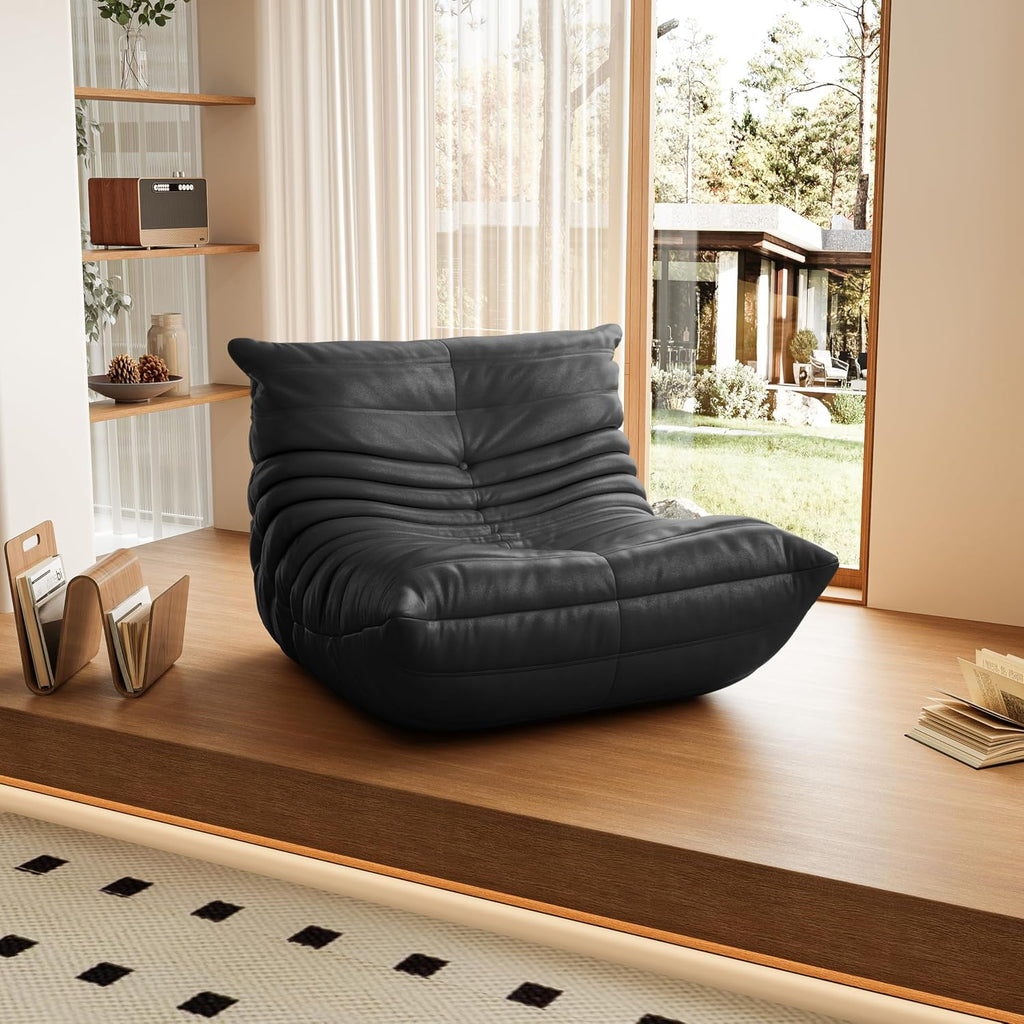 High-end Uncompressed Togo Bean Bag Chair for Adults, Memory Foam Floor Sofa Couch with Soft Fabric, Comfy Fireside Lounge Chair for Living Room, Bedroom, Apartment Microfiber Leather Black