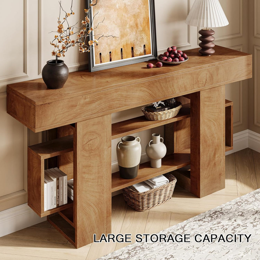 Einhomn 63 Inches Entryway Table, Wooden Console Table with Storage, Narrow Sofa Table Behind Couch, Farmhouse Long Entry Hallway Tables for Entrance, Foyer, Living Room, Natural Brown