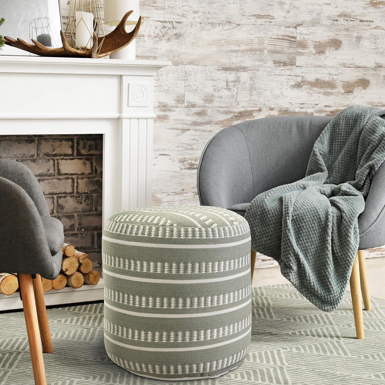 LR Home Dash and Stripe Geometric Indoor Outdoor Pouf, Green/White, 20" x 20" x 20"