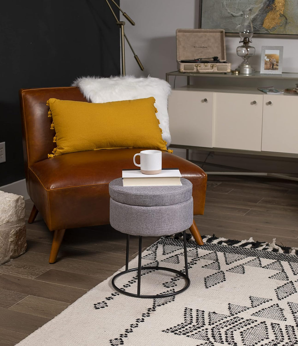 BIRDROCK HOME Grey Linen Storage Stool Ottoman w/Black Metal Leg Base, Soft Compact Padded Seat Footrest, Small Footstool for Living Room Seating, Office, Dorm, Vanity Chair, Bedroom, Couch, Desk