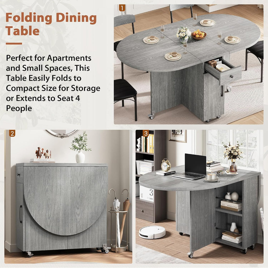 Jocoevol Round Folding Dining Table for 4, Space Saving Drop Leaf Kitchen Table with Storage Drawer, 6 Wheels Oval Gateleg Foldable Dining Table for Small Spaces(Grey 47 * 23.6 * 30)