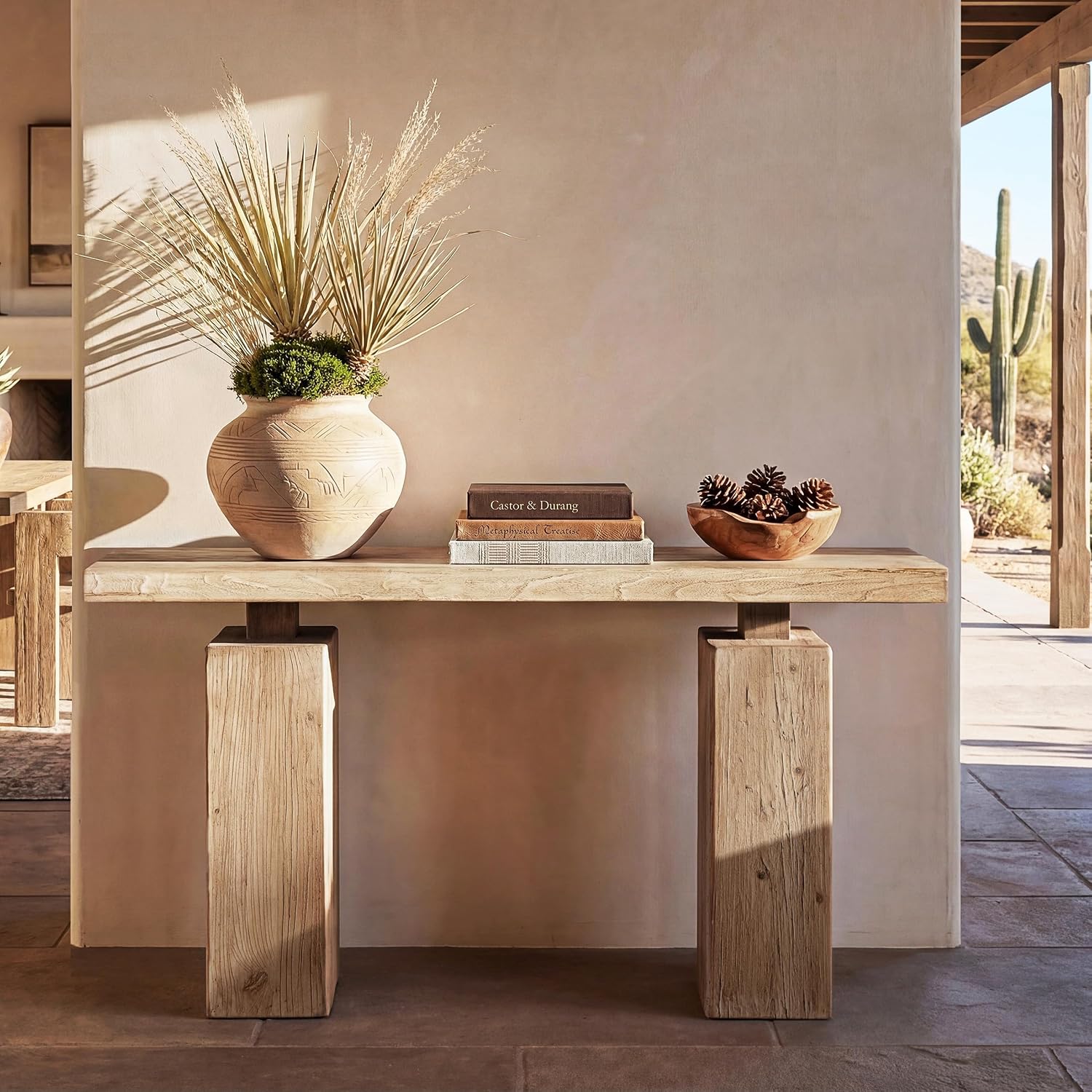 Jennifer Taylor Home Calder 60" Solid Reclaimed Elm Plinth Console Table, Heritage Light Natural Brown Reclaimed Elm