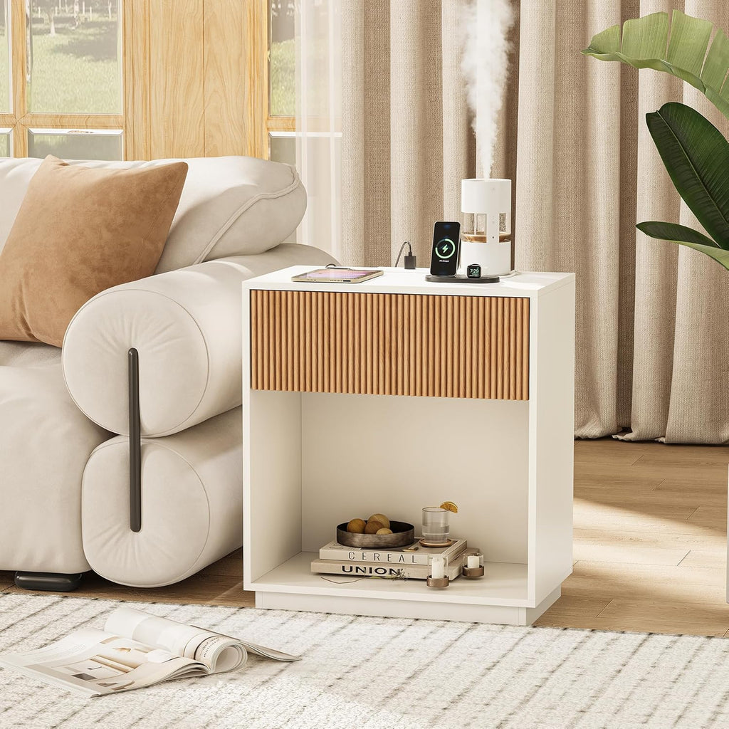 End Table with Charging Station, Fluted Nightstands Set of 2,Modern Bedside Table with Drawer and Storage Shelf, Wood End Table Mid Century Night Stands for Bedroom Living Room(White+Oak)