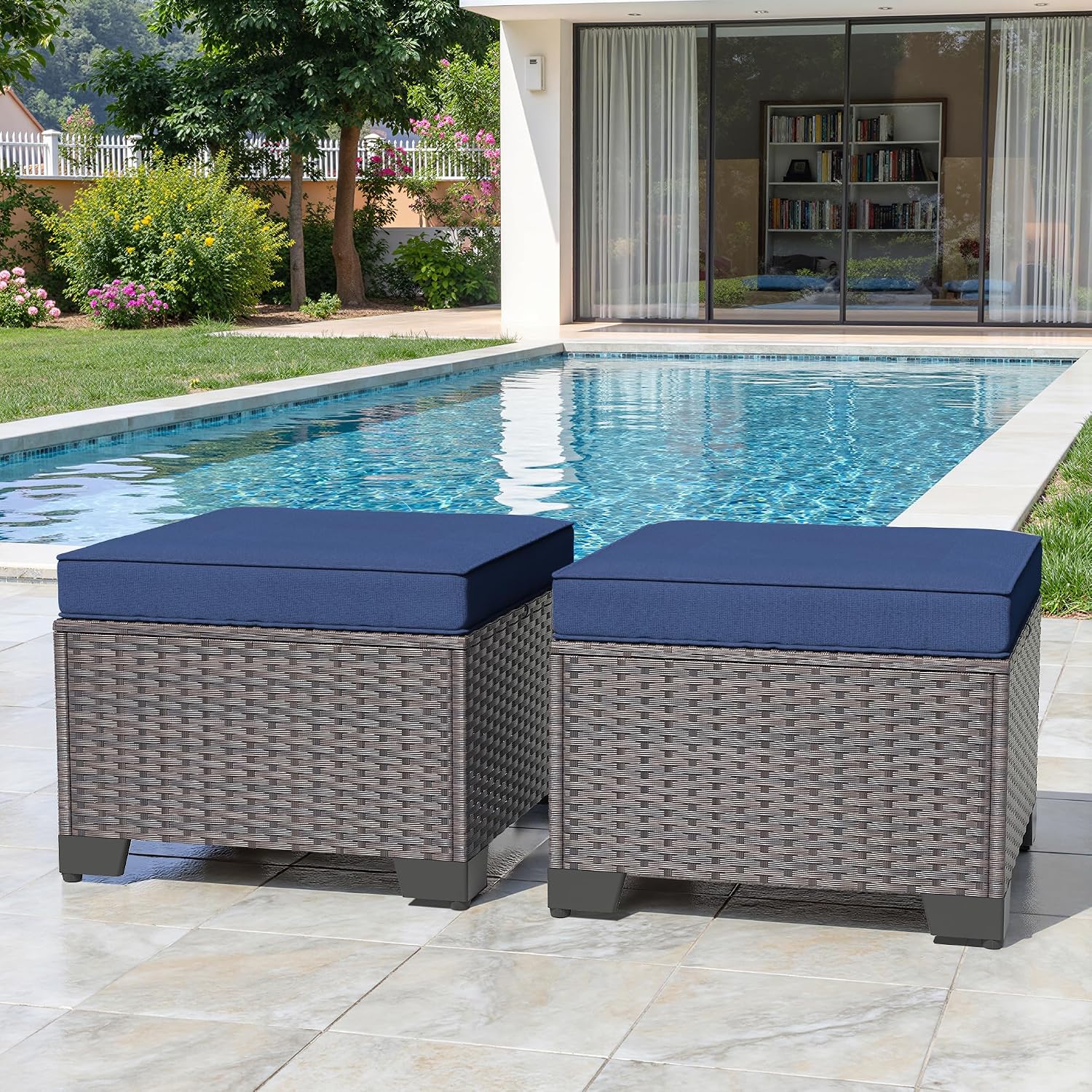 Kullavik Outdoor Ottoman Set of 2,All-Weather PE Wicker Outdoor Footstool with Thickened Cushions for Garden,Backyard,Deck,Porch,Poolside,Navy Blue