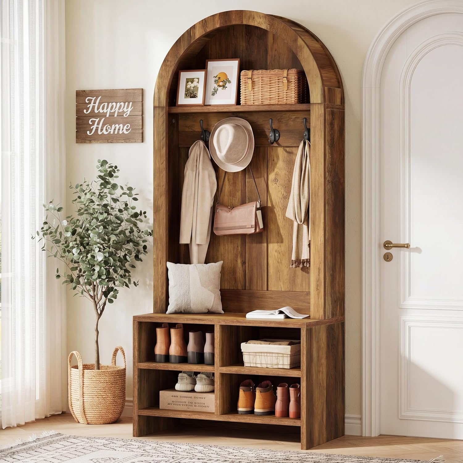 Tribesigns Arched Hall Tree with Bench and Shoe Storage, 70.87" H Tall Coat Rack with Shoe Storage Bench, 4-in-1 Entryway Coat Rack with 4 Hooks & Storage Cubbies, for Mudroom, Hallway, Bedroom, Brown