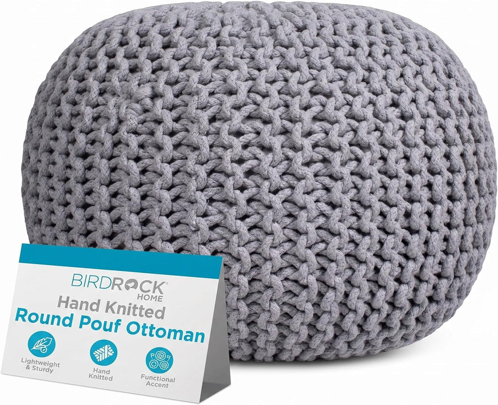 BIRDROCK HOME Round Pouf Ottoman Foot Rest - 18.5”x18.5”x15” Boho Compact Comfortable Soft Cotton Braided Foot Stool with Bean Bag Filling for Living Room, Bedroom, or Nursery (Light Gray)