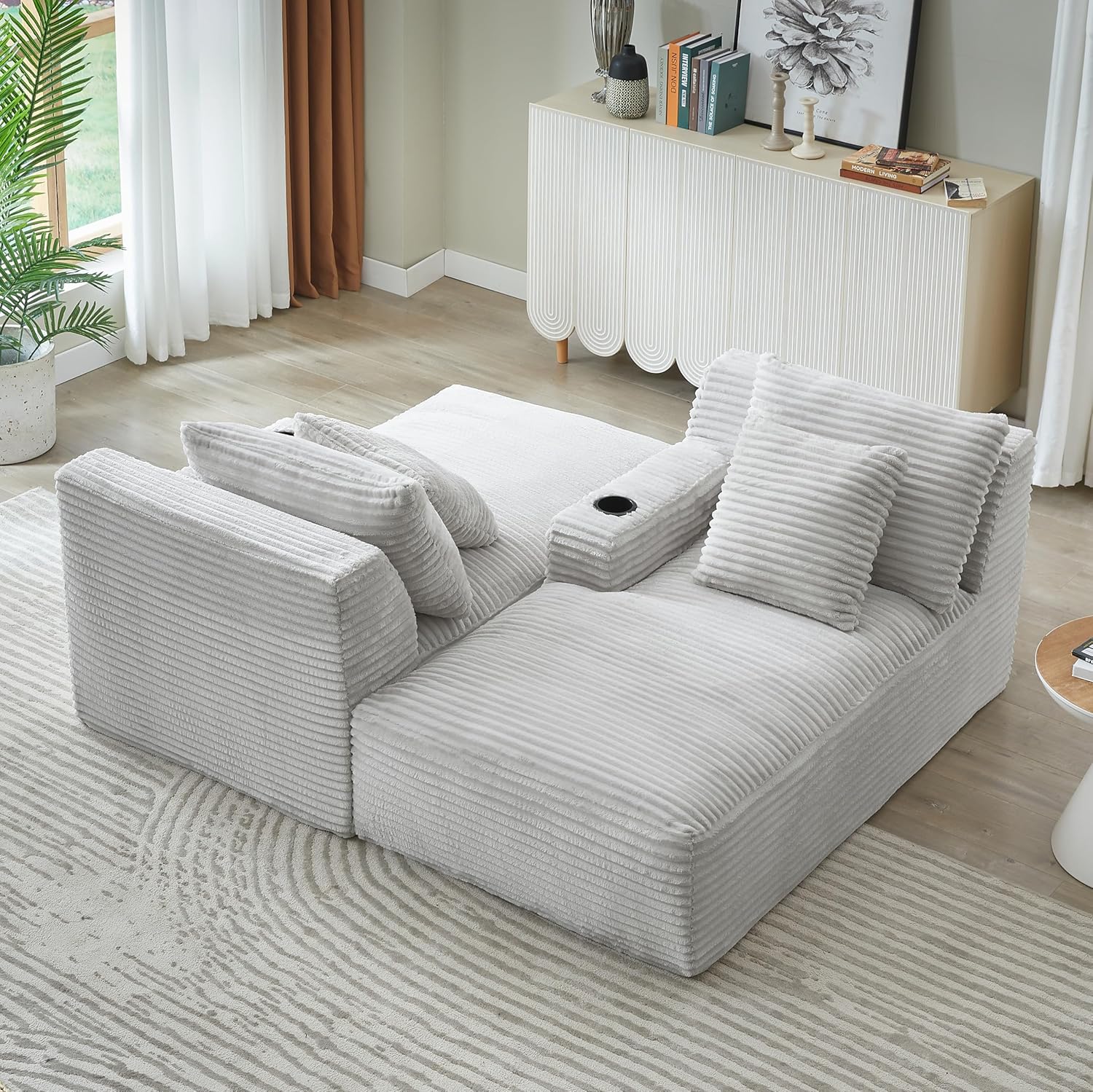 Eafurn Oversized Double Chaise Lounge Indoor with Cup Holders & Side Pocket, 71" Plush Corduroy Boneless Chaise Lounge Sofa with High Density Sponge & Deep High Seat Comfy Sleeper Couch Bed