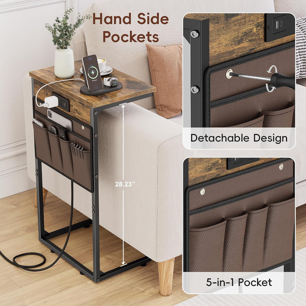 Vagusicc C Shaped End Table with Charging Station, 28" Tall Couch Side Table, Sofa Table Beside Table, Slide Under Sofa Arm C Table for Small Spaces, TV Tray Table for Living Room, Bedroom, Brown