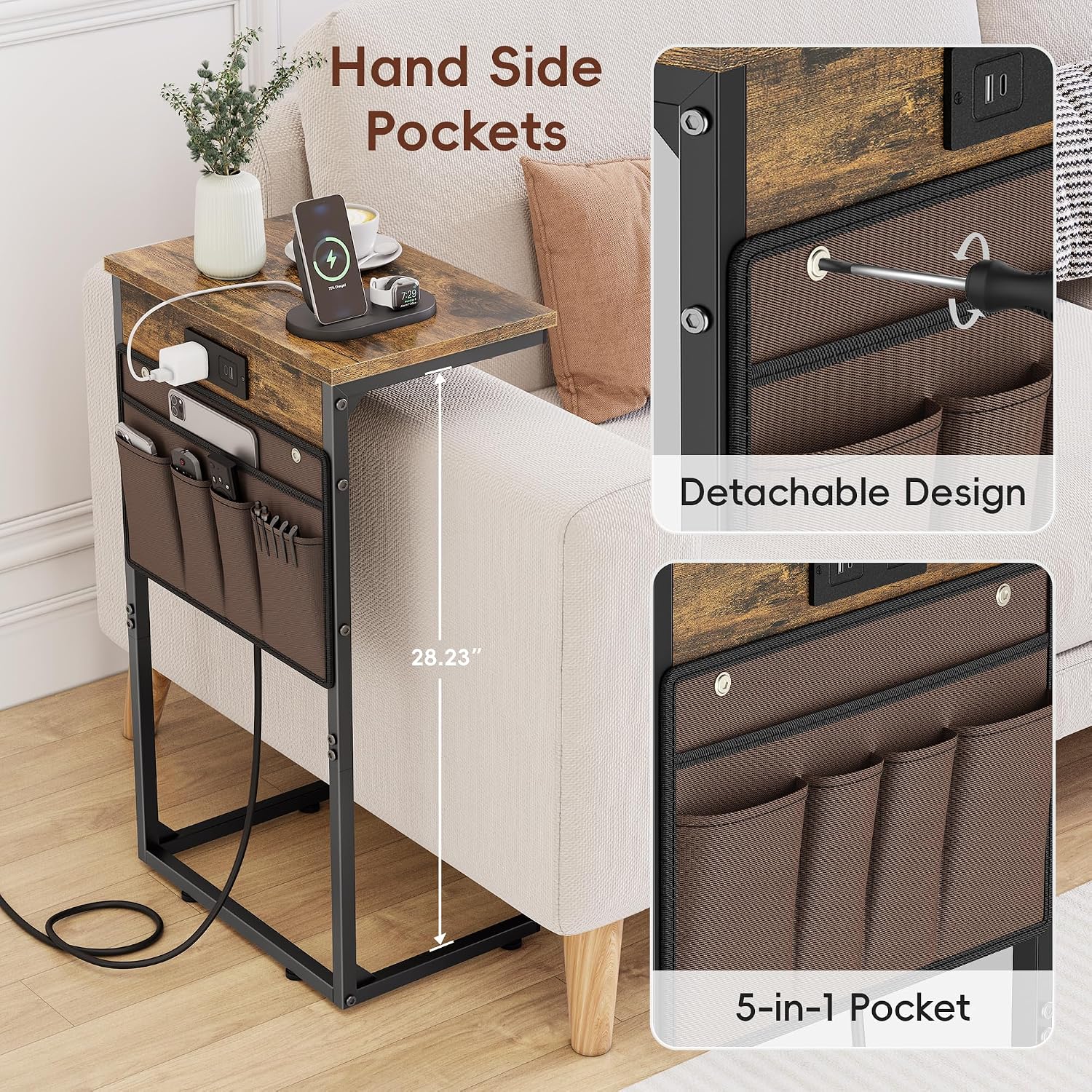 Vagusicc C Shaped End Table with Charging Station, 28" Tall Couch Side Table, Sofa Table Beside Table, Slide Under Sofa Arm C Table for Small Spaces, TV Tray Table for Living Room, Bedroom, Brown