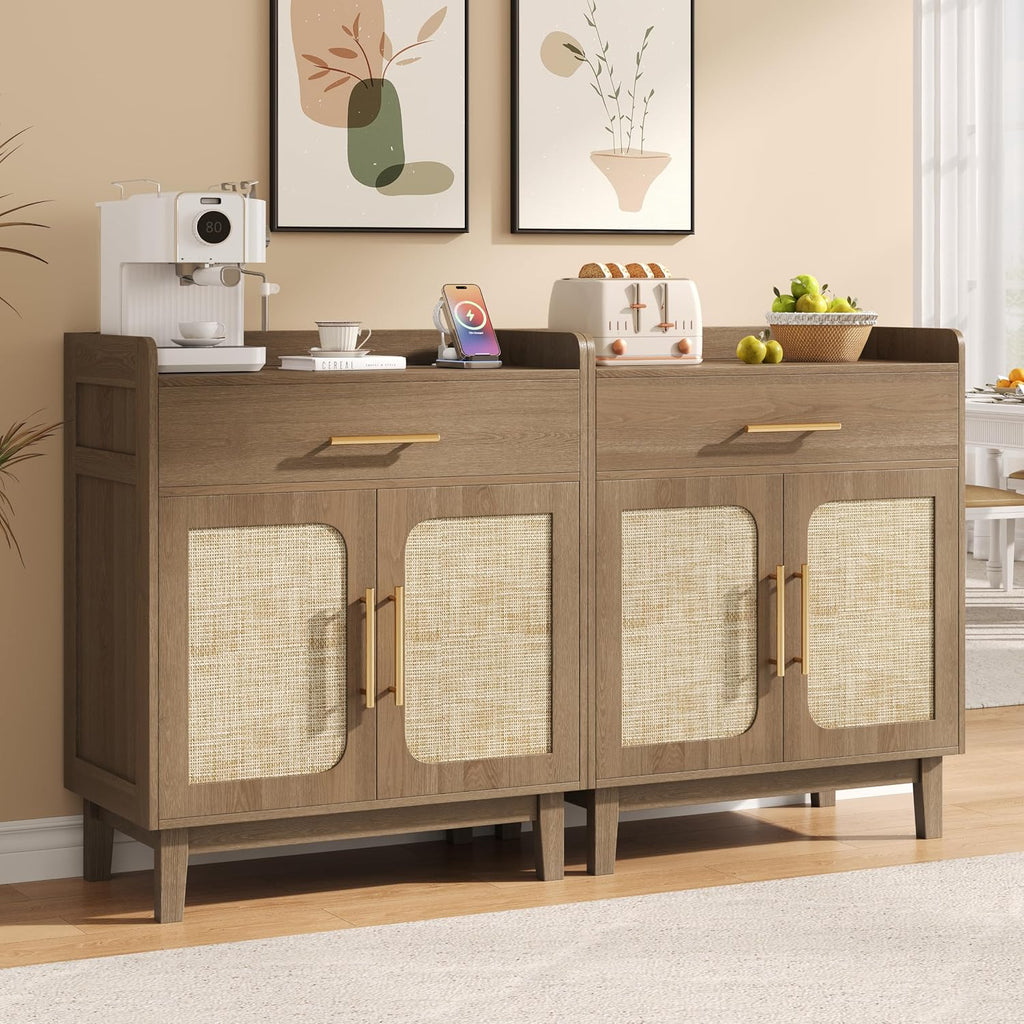 30" Rattan Sideboard Buffet Cabinet with Storage and Drawer, Boho Coffee Bar with Charging Station, Wood Accent Cabinet with Adjustable Shelf & 2 Door for Kitchen, Living Room, Entryway, Brown