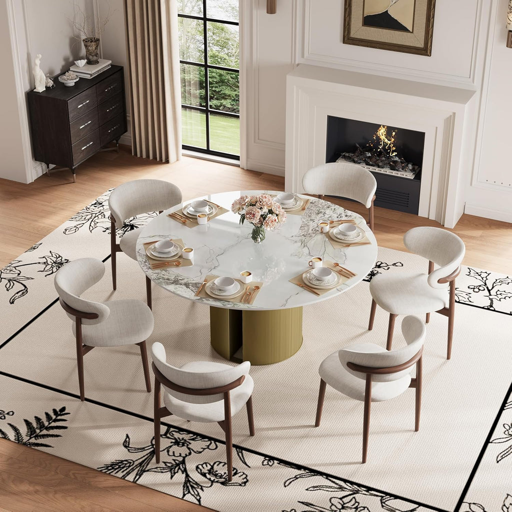59" Modern Round Dining Table for 6, Glossy White Circle Kitchen Table, Sintered Stone Dining Room Table Top with Bronze Cylinder Hollow Base, Faux Marble Dinner Table for Home Party, (Table Only)