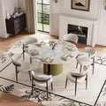 59" Modern Round Dining Table for 6, Glossy White Circle Kitchen Table, Sintered Stone Dining Room Table Top with Bronze Cylinder Hollow Base, Faux Marble Dinner Table for Home Party, (Table Only)