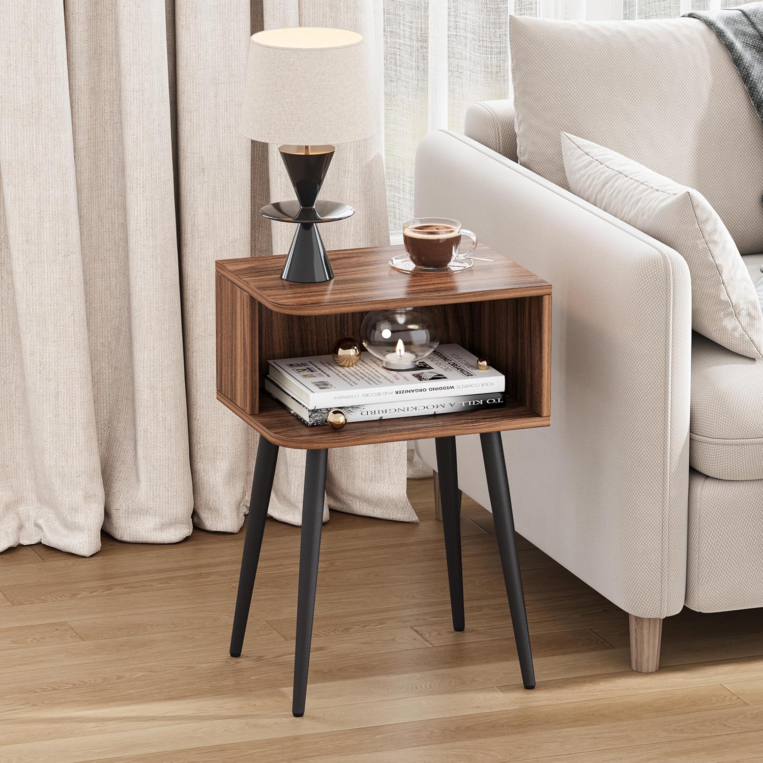 Nightstand Set of 2, Small Bed Side Table for Small Spaces, Mid Century Modern Nightstand End Table with Open Storage, Side Table for Bedroom Living Room, Walnut Brown MLBZ20R-2