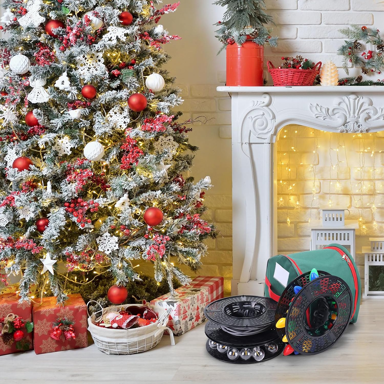 Christmas Light Storage Bag - Tear Proof 600D Oxford Fabric/Internal PVC Material with Reinforced Handles - With 4 Reels Stores up to 500 Ft Holiday Mini Christmas Tree Lights & Extension Cords,Green
