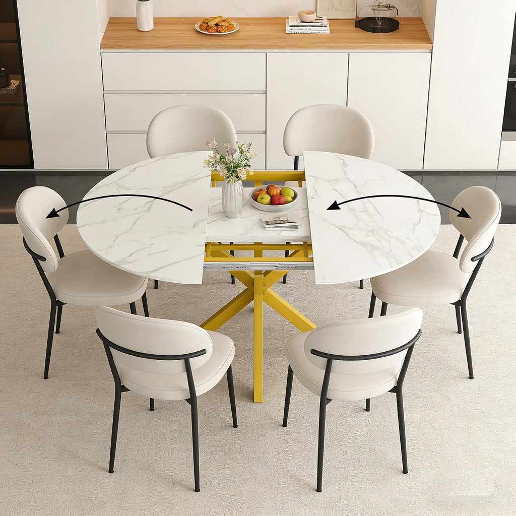 42''-59'' Extendable Dining Room Table for 4-6, White Marble Round Dining Table, Modern Kitchen Circle Oval Dinner Table with Carbon Steel Base Removable Leaves Space Saving, Mid-Century